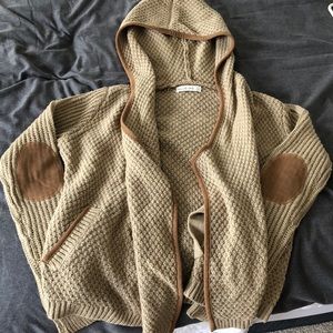 Beige/khaki colored knit hooded cardigan